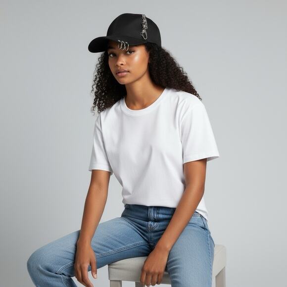 Black Punk-Style Baseball Cap w/ Silver Piercing Rings & Chains Detail. adjust. - Picture 3 of 6